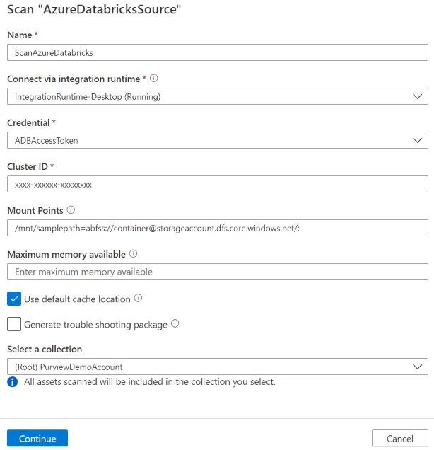 Screenshot della configurazione dell'analisi di Azure Databricks.