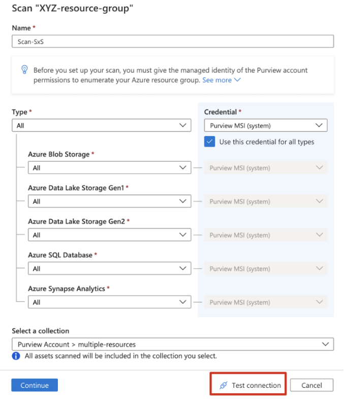 Screenshot che mostra il dispositivo di scorrimento di configurazione dell'analisi, con il pulsante Test connessione evidenziato.