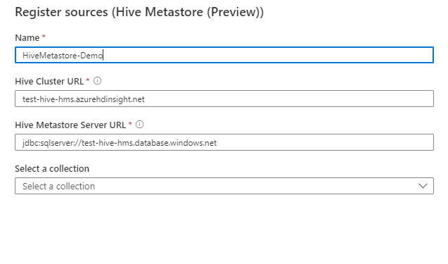 Screenshot che mostra le caselle per la registrazione delle origini Hive.