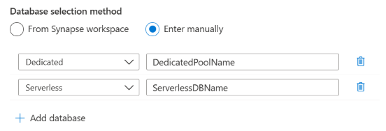 Screenshot della selezione per l'immissione manuale dei nomi di database durante la configurazione di un'analisi.