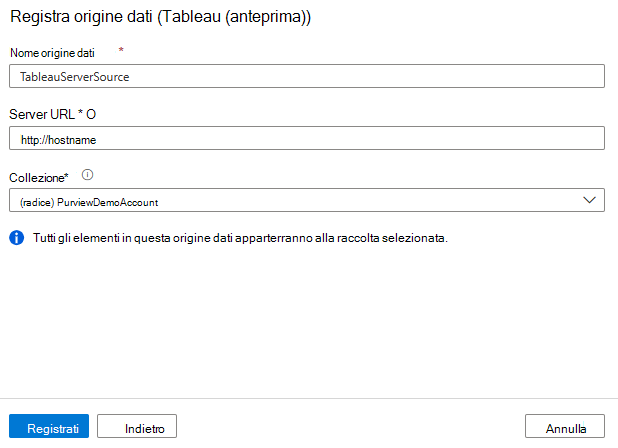 Screenshot of registering a Tableau server source.