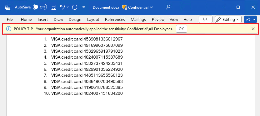 Notifica dell'applicazione automatica di un'etichetta a un documento.