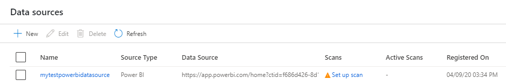 Immagine che mostra l'origine dati di Power BI registrata.