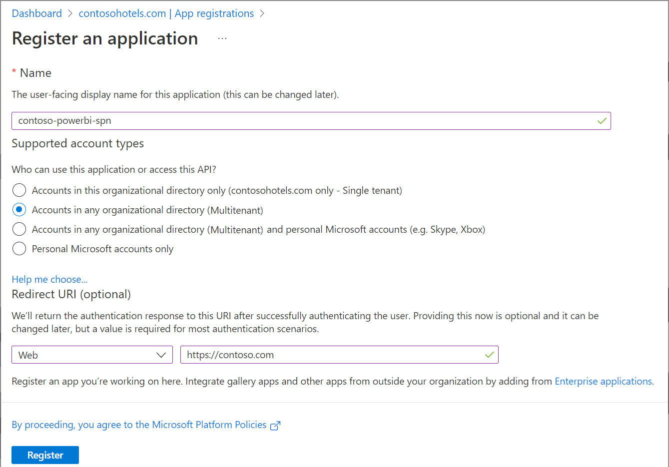 Screenshot di come creare un'app in Azure AD per più tenant.