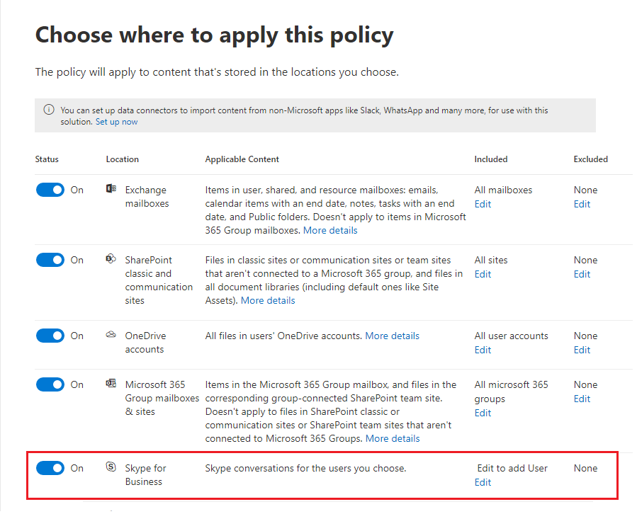 Il percorso dei criteri di conservazione Skype for Business richiede l'aggiunta manuale degli utenti.