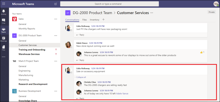 Conversazione del canale di Microsoft Teams.