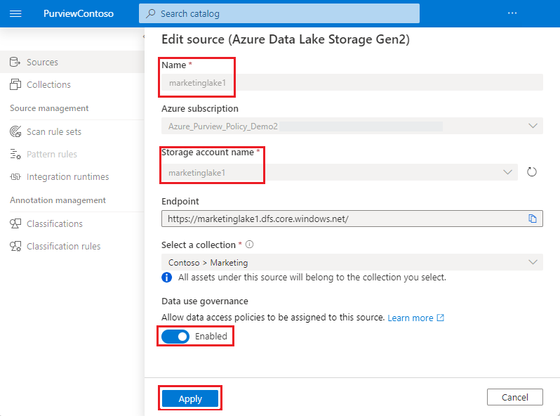 Set data policy enforcement toggle to **Enabled** at the bottom of the menu.