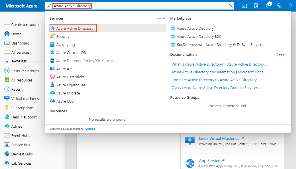 Cercare Azure Active Directory e selezionarlo