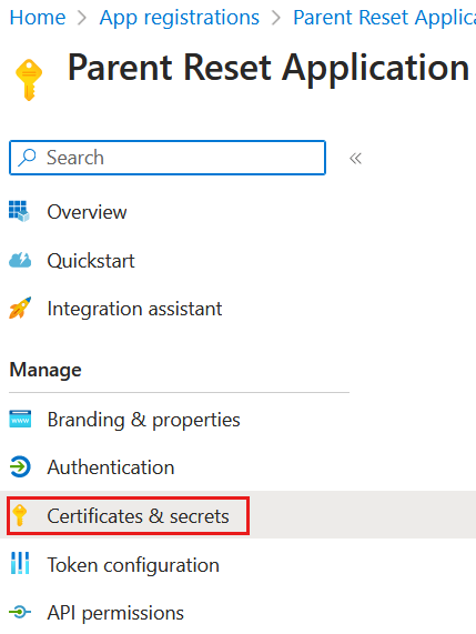 Screenshot che mostra la posizione di certificati e segreti.