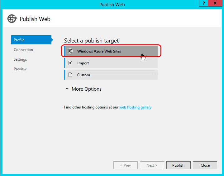 Publish website dialog in Visual Studio