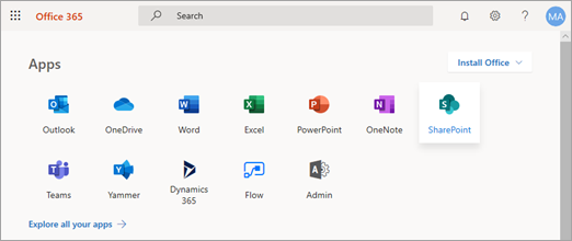 Pagina iniziale di Microsoft 365 con SharePoint selezionato