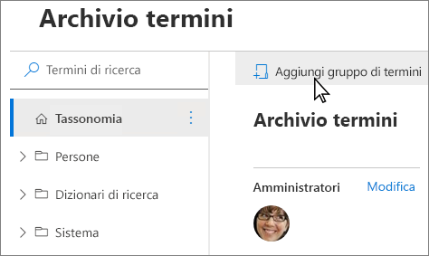 Screenshot del riquadro di spostamento in Term Store Management Tool, che mostra la voce di menu Nuovo gruppo