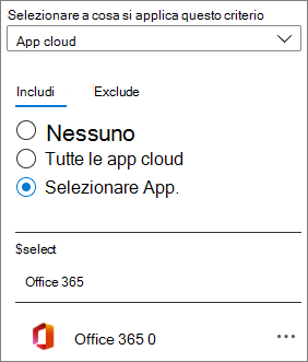 Screenshot dell'app cloud di Office 365 in un criterio di accesso condizionale di Microsoft Entra