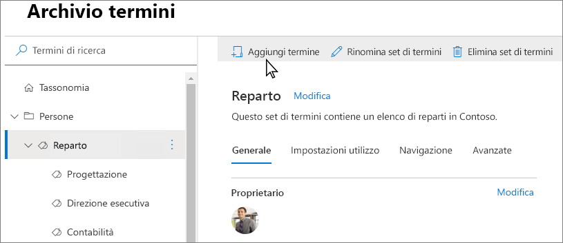 Screenshot della pagina archivio termini nell'interfaccia di amministrazione di SharePoint con l'opzione Aggiungi termine evidenziata.