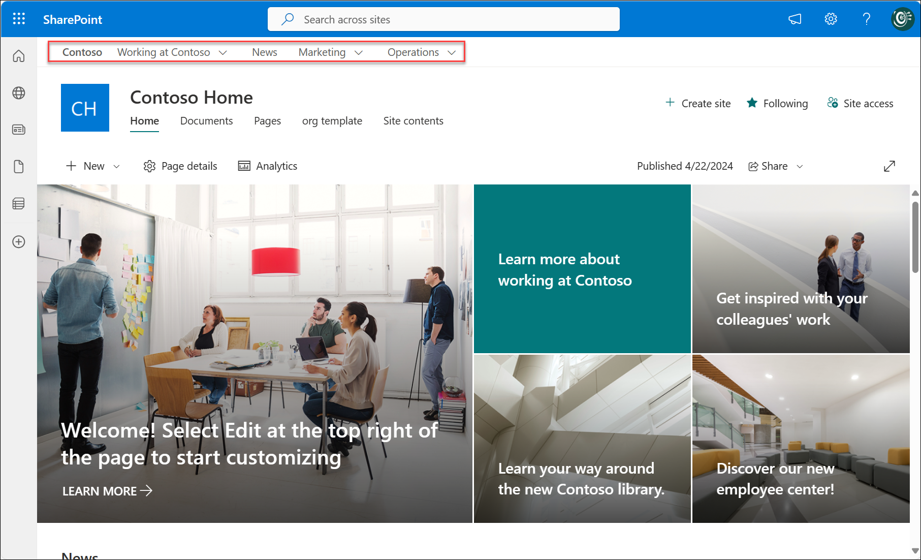 Esempio di hub di SharePoint