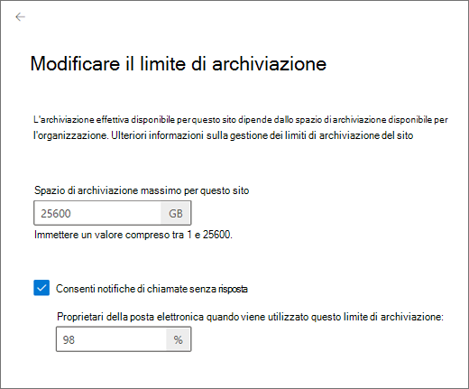 Modifica del limite di archiviazione per un sito