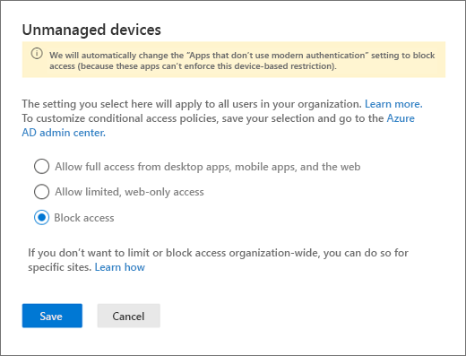 Riquadro Dispositivi non gestiti nell'interfaccia di amministrazione di SharePoint