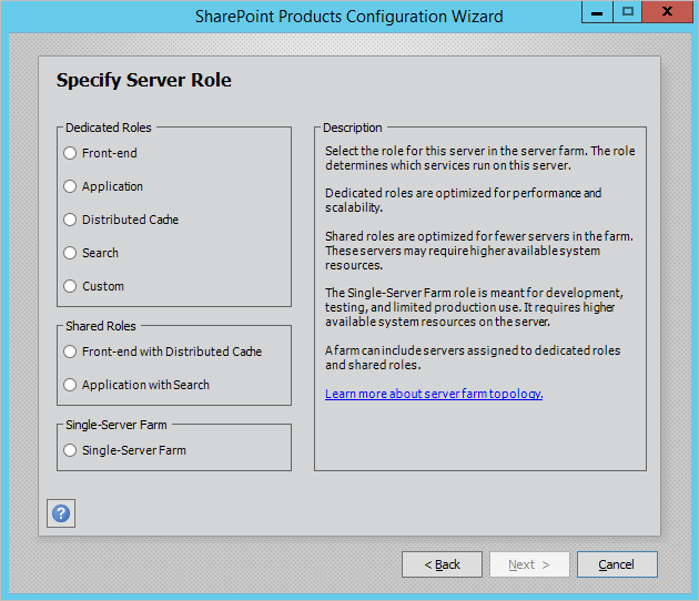 Visualizza la finestra di dialogo PSConfig con ruoli condivisi in SharePoint Server 2016