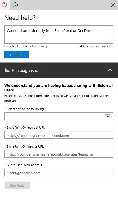 Screenshot della pagina Esegui diagnostica nel interfaccia di amministrazione di Microsoft 365.