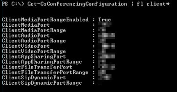 Screenshot che mostra la schermata CMD che mostra Get-CsConferencingConfiguration comando e il risultato degli intervalli di porte.