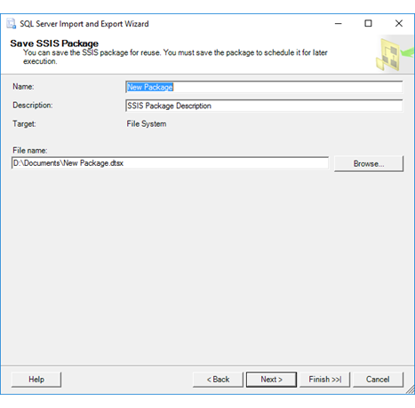 Screenshot che mostra la pagina Salva pacchetto SSIS dell'Importazione/Esportazione guidata se è stata selezionata l'opzione File system nella pagina Salvare ed eseguire il pacchetto.