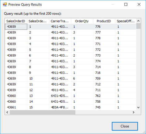 Screenshot della finestra di dialogo Anteprima risultati query. Sono visibili diverse righe di dati di vendita della tabella di origine.
