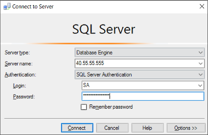 Screenshot di SQL Server Management Studio: Connettersi a un server di database SQL.