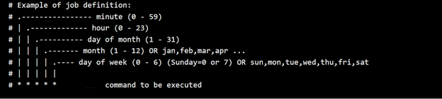 Screenshot della descrizione del formato per una voce di file crontab.