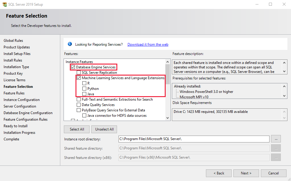 Installazione delle estensioni del linguaggio di SQL Server 2019.