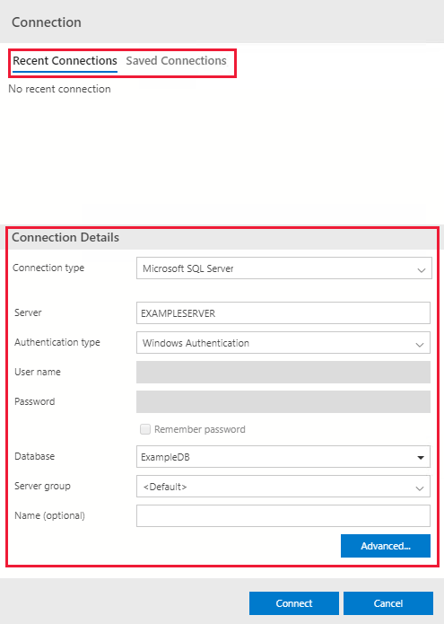 Dettagli della connessione per il notebook SQL di Azure Data Studio