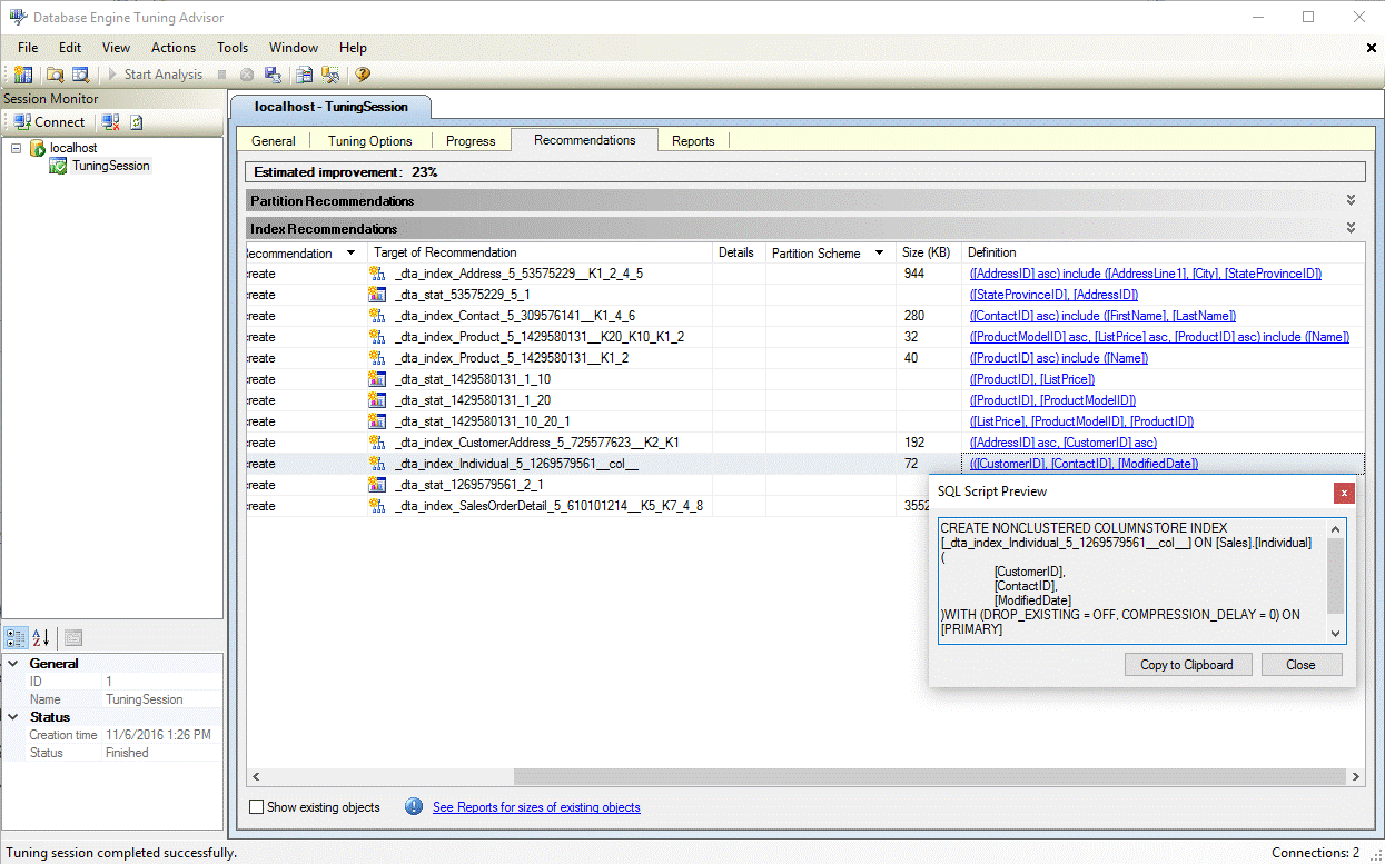 Definizione dell'indice nell'Ottimizzazione guidata motore di database