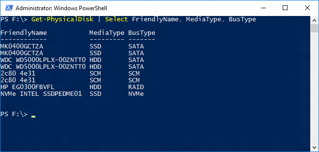 Screenshot di una finestra di Windows PowerShell che mostra l'output del cmdlet Get-PhysicalDisk.