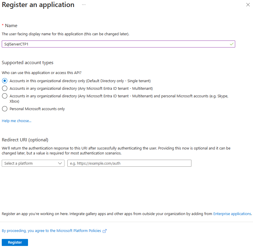 Screenshot di registrazione dell'applicazione nel portale di Azure.