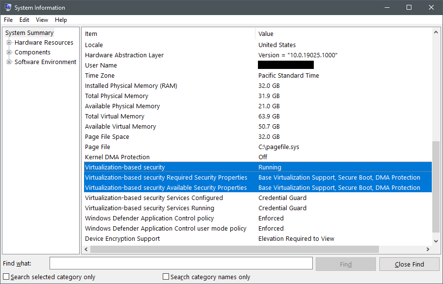 Screenshot delle informazioni di sistema che mostra lo stato e la configurazione della sicurezza basata sulla virtualizzazione