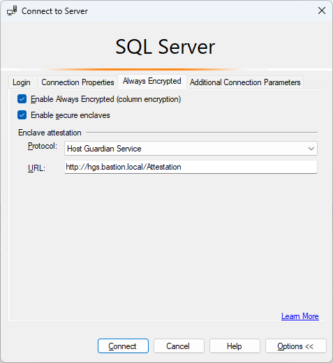 Screenshot della scheda Connetti al server Always Encrypted con attestazione tramite SSMS.