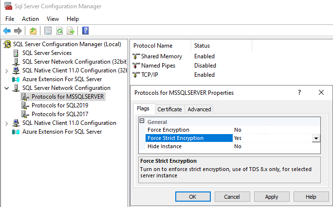 Screenshot del controllo dell'interfaccia utente per Gestione configurazione SQL Server, finestra di dialogo Configura protocolli.