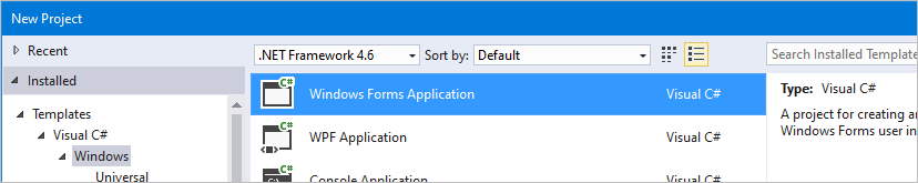 Screenshot di Visual Studio che mostra una nuova applicazione Windows Form.