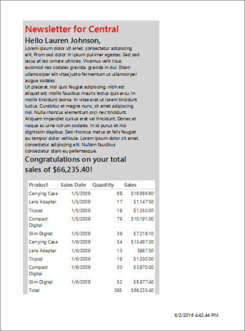 Screenshot che mostra l'anteprima della tabella nel report in formato libero di Generatore report.