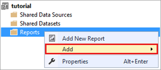 Screenshot dei Esplora soluzioni con l'opzione Aggiungi selezionata nel menu contestuale Report.