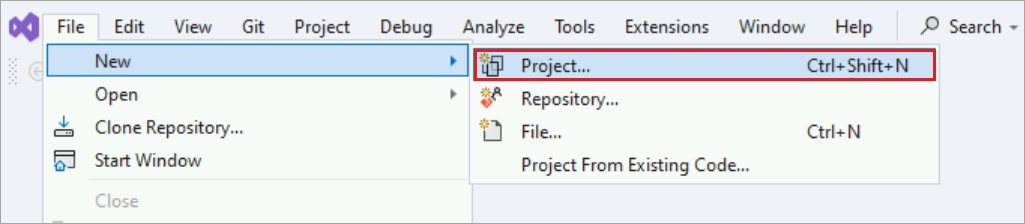 Screenshot di Visual Studio che mostra l'opzione progetto selezionata nel menu Nuovo del menu File.