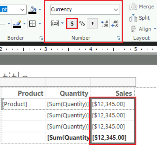 Screenshot che mostra come modificare il formato per le celle della tabella selezionate da visualizzare come valuta.