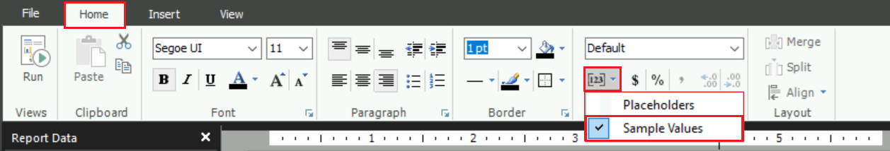 Screenshot che mostra come selezionare l'opzione Valori di esempio per i segnaposto in Generatore di report.