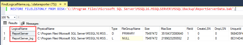 Screenshot di un'istruzione RESTORE FILELISTONLY in una finestra di query di SQL Server Management Studio. Nell'output la colonna LogicalName è evidenziata.