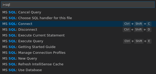 Screenshot del pallet dei comandi di Visual Studio Code, filtrato per i comandi 