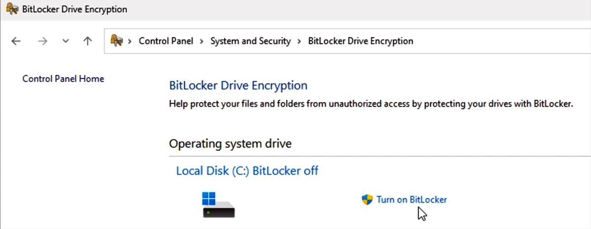 [Screenshot che mostra come attivare BitLocker tramite il Pannello di controllo.