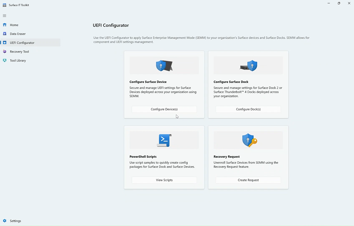 Screenshot di UEFI Configurator per Surface Hub.