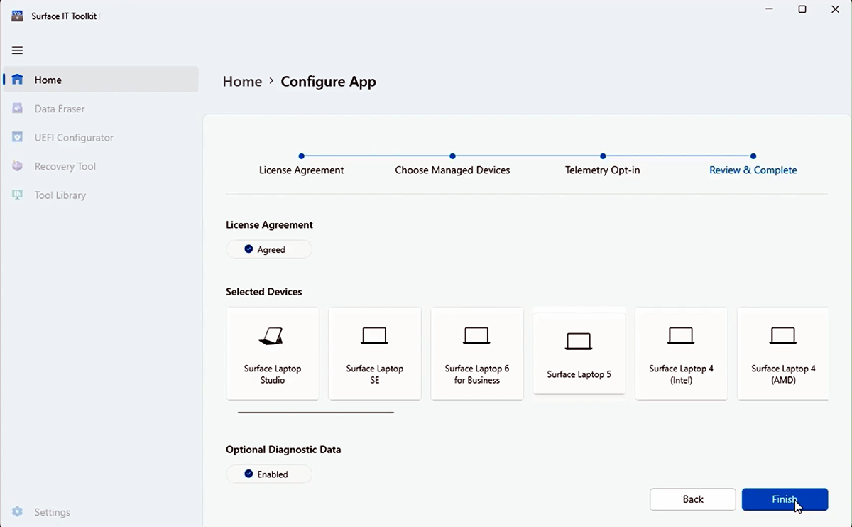 Screenshot che mostra la revisione e il completamento della configurazione dell'app.