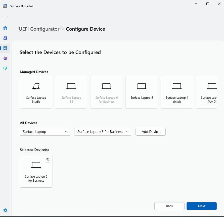 Screenshot della selezione del dispositivo per la configurazione UEFI.