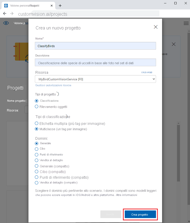 Screenshot that shows how to create a new resource in the Custom Vision portal.