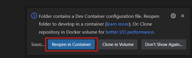 Screenshot of a toast notification to reopen the current folder within the context of a development container.